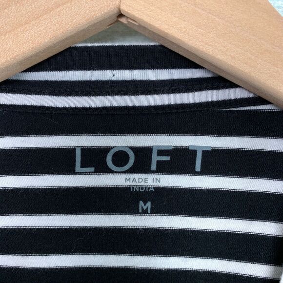 LOFT Floral Embroidered Striped Top Black White Bell Sleeve Womens Medium - Picture 8 of 12